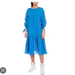 Replay‎ Essentials Flax linen blue tier midi or maxi dress XL oversize prairie